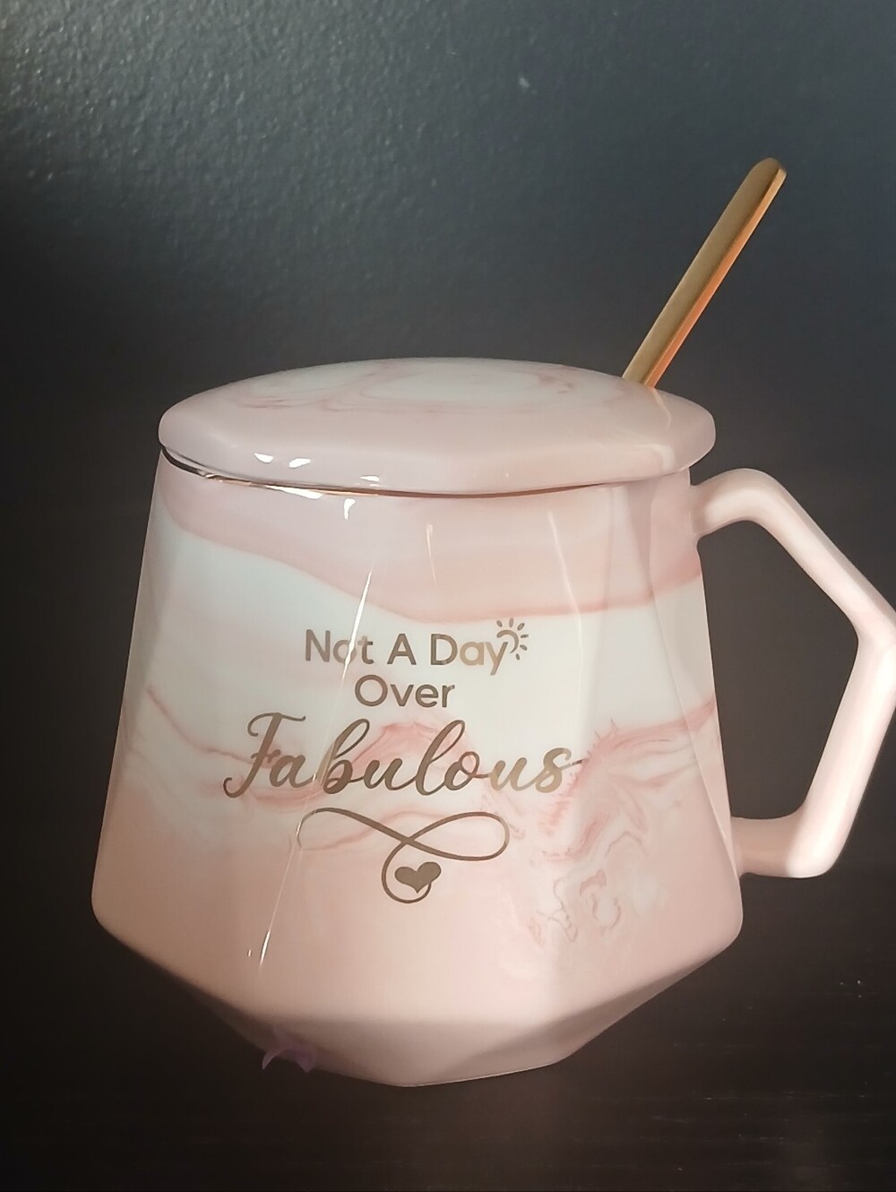 NWOT New Pink 'Not A Day Over Fabulous' Mug with Lid and Gold Spoon